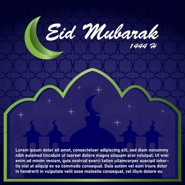 An invitation for eid mubarak with a green moon and stars on a blue background.