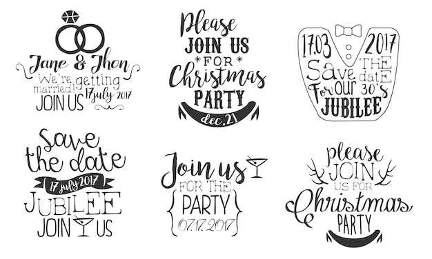 イベントの招待状 単色バッジセット 結婚式 日付を保存 クリスマスパーティー デザイン要素 手描きベクトルイラスト