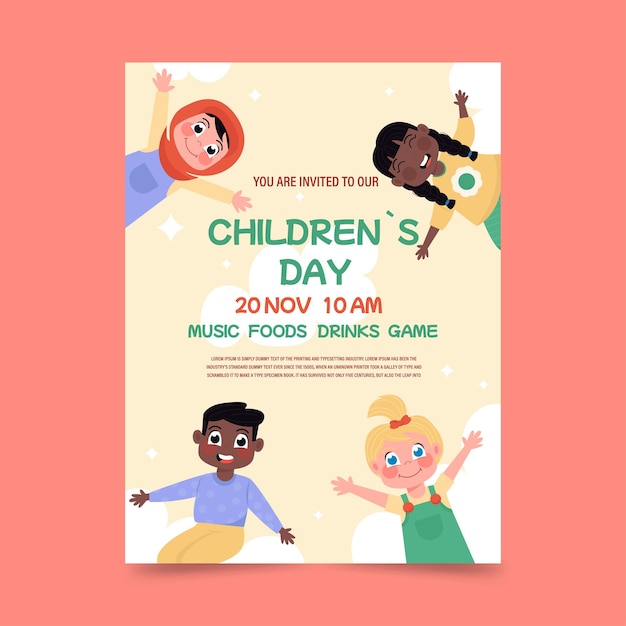 Vector invitation flyer for a children's day party international children girl and boy