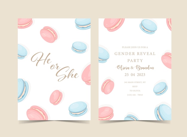 Invitation for gender reveal party with macarons blue and pink