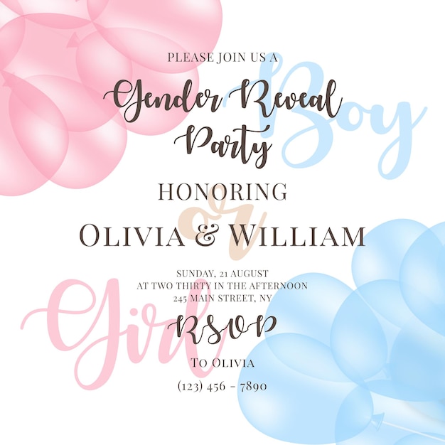 Vector invitation for gender reveal party with pink and blue balloons