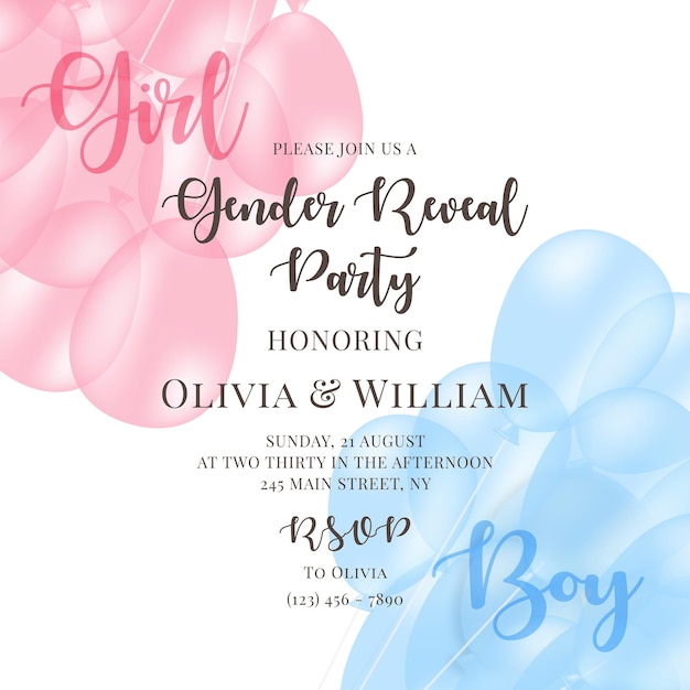 Vector invitation for gender reveal party with pink and blue balloons