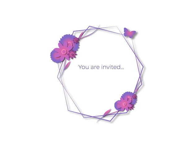 invitation in papercut out style with flowers and butterfly