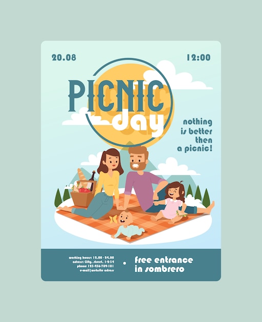 Vector invitation to a picnic day family event outdoor activity announcement for parents with children