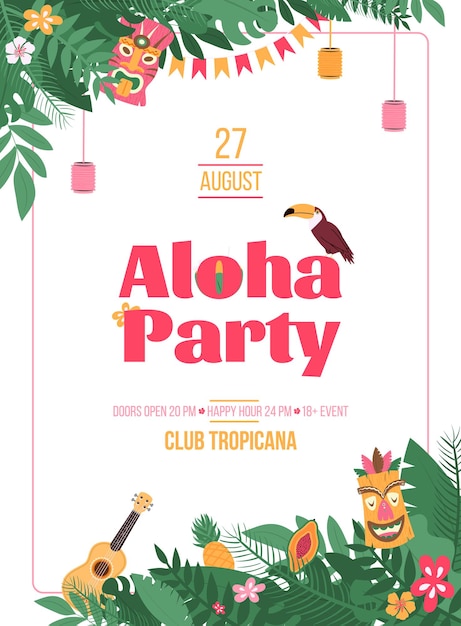 Poster di invito per aloha party in stile hawaiano con foglie tropicali e maschera tiki, cartone animato