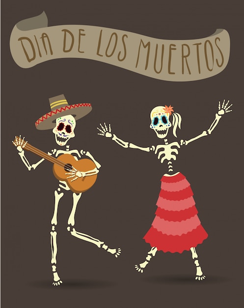 Poster di invito per il giorno dei morti. festa del dia de los muertos. lo scheletro che suona la chitarra e balla.