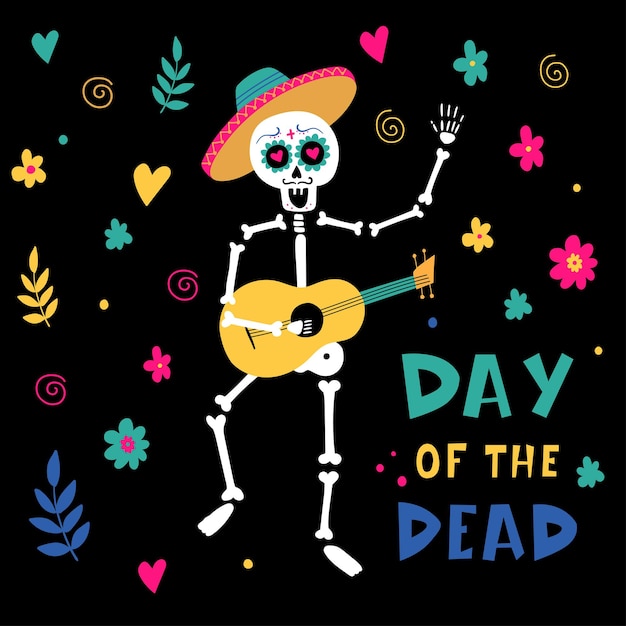 Invitation poster to the day of the dead party mariachi skeleton vector illustration isolated