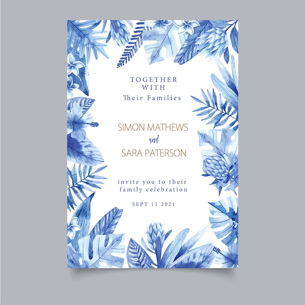 Invitation template with watercolor tropical leaves and tropical flowers. Jungle, tropics, gentle watercolor