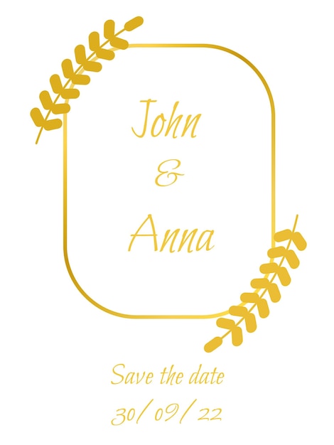 Пригласительная свадебная открытка с датой и именами и золотой градиентной ветвью с листьями в минималистском стиле