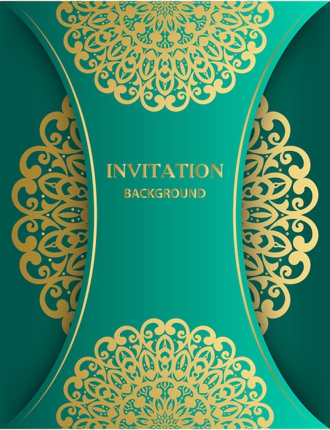 Invitation with a gold pattern on a turquoise background.