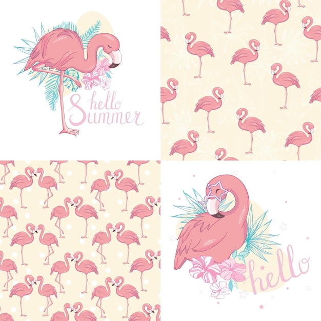 Invitationcongratulation card set flamingo theme in vector