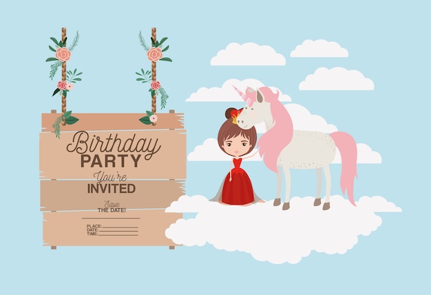 Vettore biglietto per la festa di compleanno con unicorno e principessa