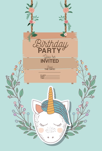 Vector invited birthday party card with unicorn