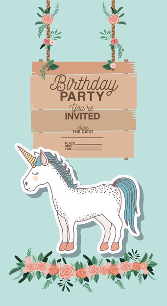 invited birthday party card with unicorn 