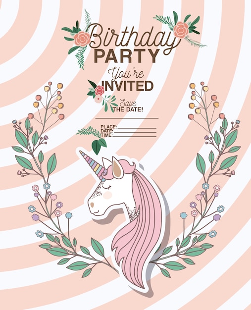 Vettore carta di festa di compleanno con unicorno