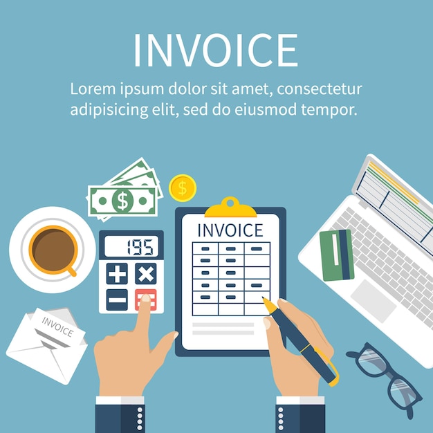 Invoice man at table calculations on payment bills receipts invoices flat design abstract vector invoice bill concept accounting checking invoice paperwork calculator laptop money