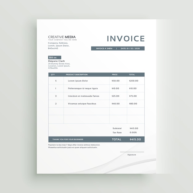 Invoice template design in minimal style