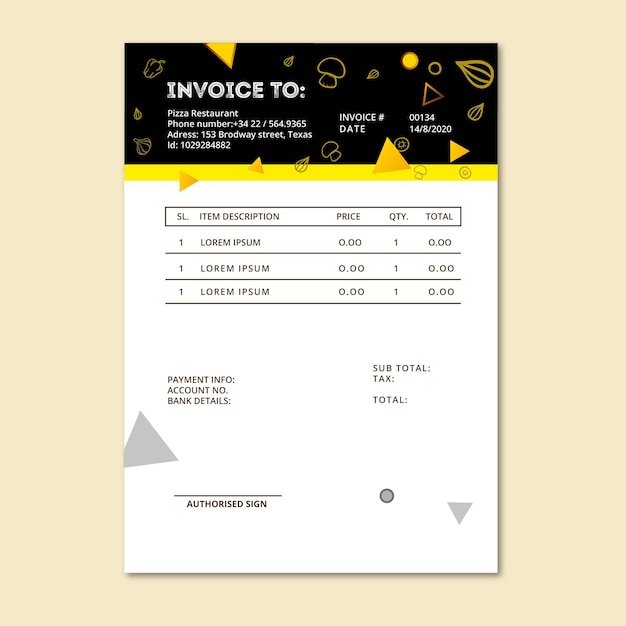 Invoice template for pizza restaurant