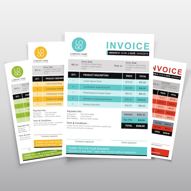 Vector invoice template vector design. green ,yellow,blue and orange  minimal quotation design.