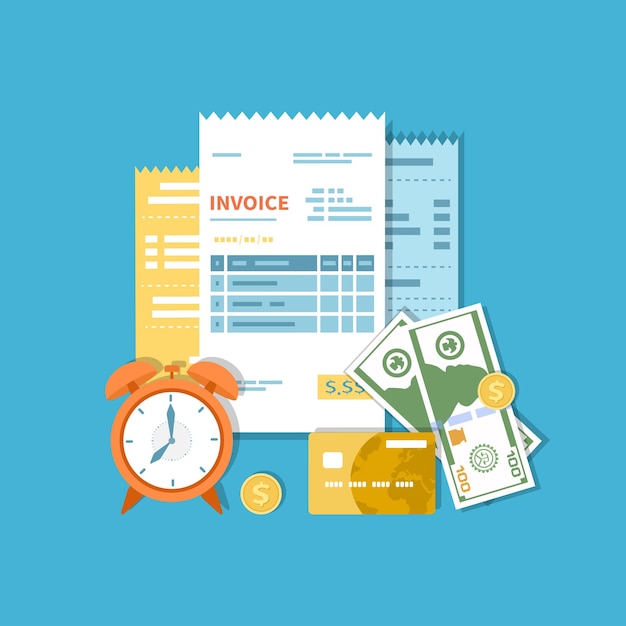 Invoices accounts checks with money and clock payment and invoicing business financial sign