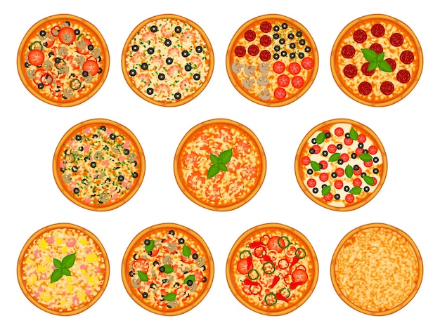 Vector inzameling van pizza met diverse ingrediënten.