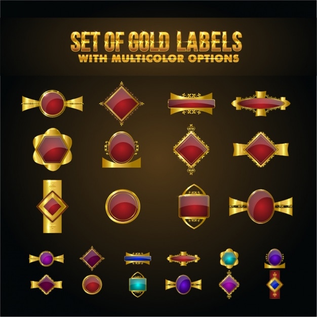 Inzameling van rode en gouden badges met groot design