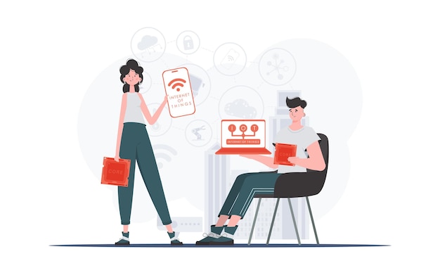 IOT and automation concept The girl and the guy are a team in the field of Internet of things Good for presentations and websites Trendy flat style Vector
