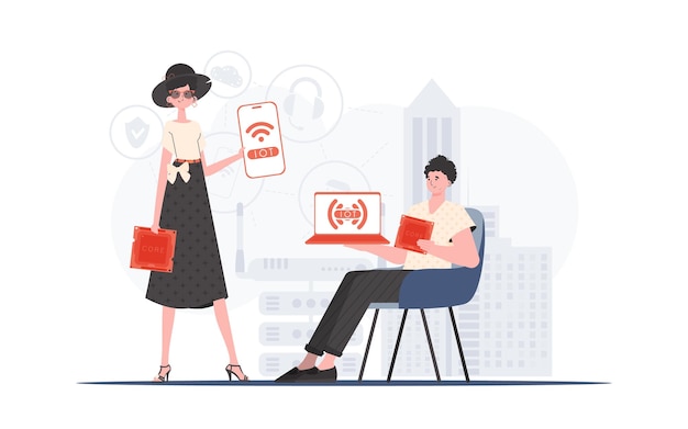 IOT and automation concept The girl and the guy are a team in the field of Internet of things Good for presentations and websites Vector illustration in trendy flat style