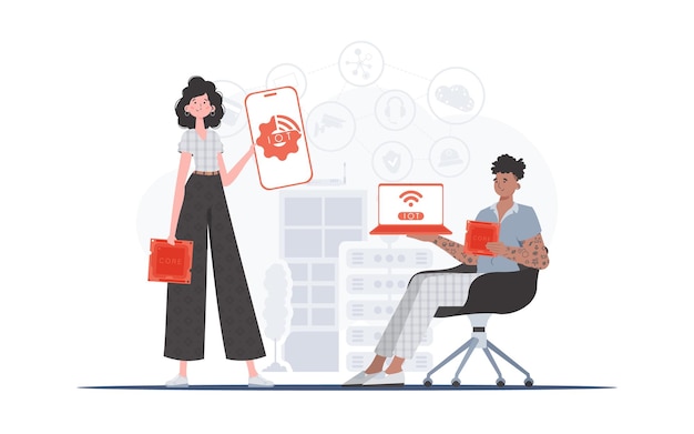 IOT and automation concept The girl and the guy are a team in the field of Internet of things Good for websites and presentations Vector illustration in trendy flat style