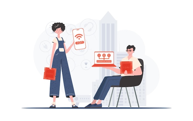 IOT and automation concept The girl and the guy are a team in the field of Internet of things Good for websites and presentations Vector illustration in trendy flat style