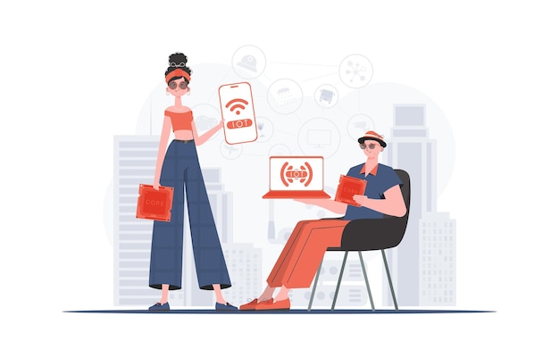 IOT and automation concept The girl and the guy are a team in the field of Internet of things Good for websites and presentations Vector illustration