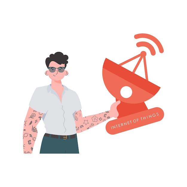 IOT and automation concept The guy is holding a satellite dish in his hands Isolated on white background Vector illustration in flat style