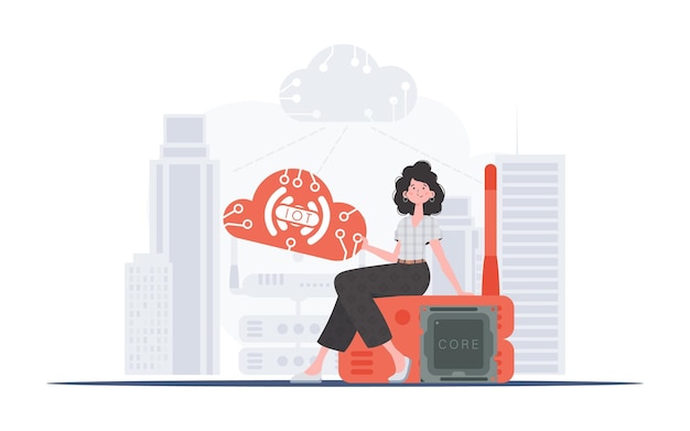 IoT-concept Een vrouw zit op een router en houdt het internet der dingen-logo in haar handen Trendy vlakke stijl Vector