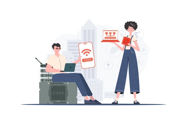 IoT concept The girl and the guy are a team in the field of Internet of things Good for presentations and websites Vector illustration in trendy flat style