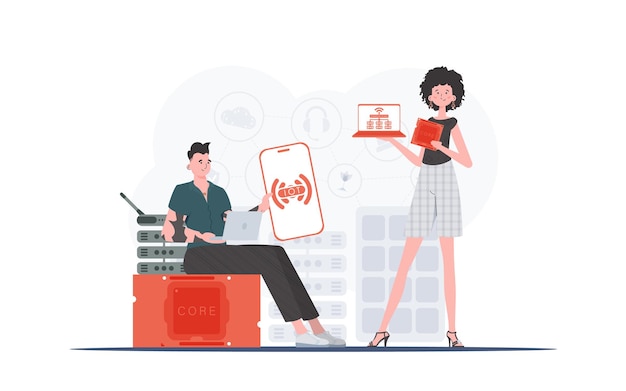 IoT concept The girl and the guy are a team in the field of Internet of things Good for websites and presentations Vector illustration in flat style