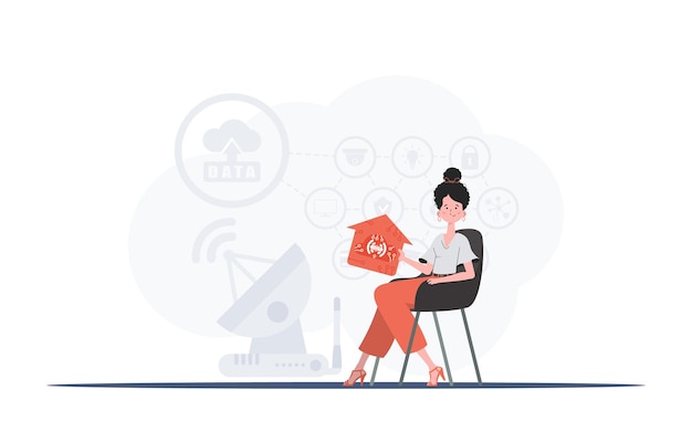 IoT concept The girl sits in a chair and holds an icon of a house in her hands Good for presentations Vector illustration in flat style