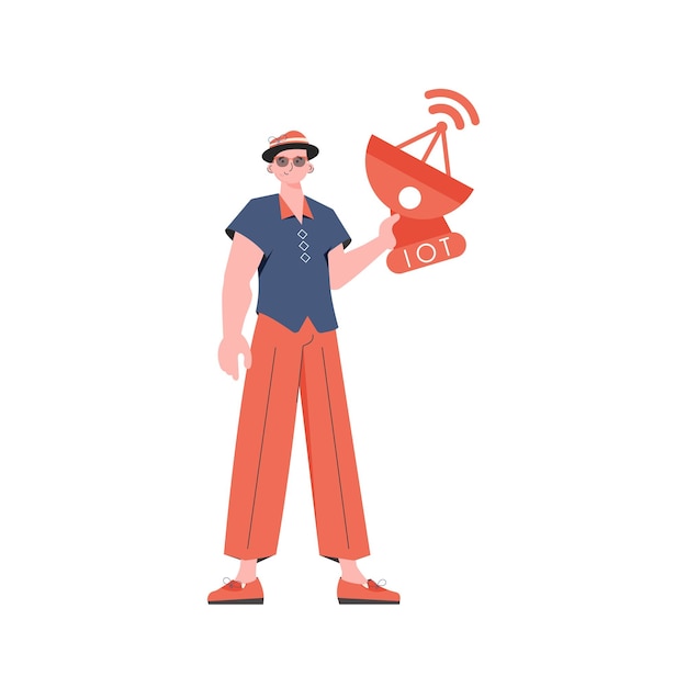 IoT concept The guy is holding a satellite dish in his hands Isolated Vector illustration in flat style