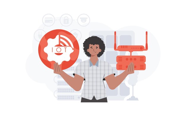 IoT 개념 한 남자가 그녀의 손에 사물 로고의 인터넷을 보유하고 있습니다. 라우터 및 서버 프리젠테이션 및 웹 사이트에 적합 트렌디한 플랫 스타일 벡터 그림