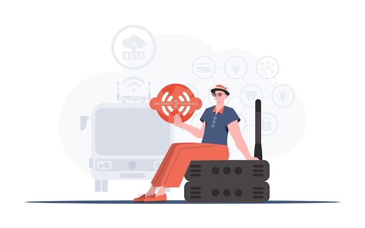Vector iot concept a man is holding an internet thing icon in her hands router and server good for presentations and websites vector illustration in trendy flat style