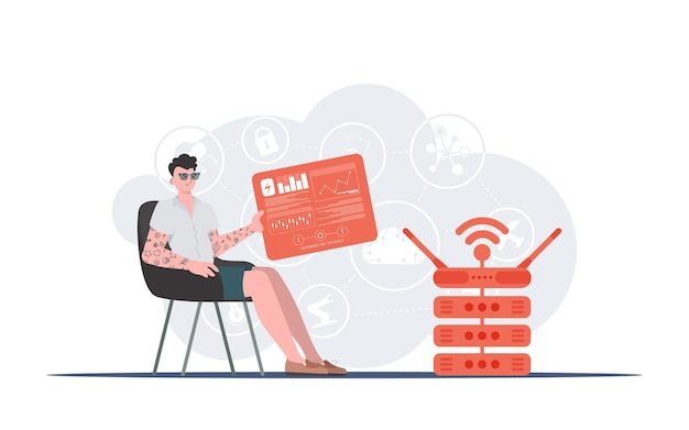 IoT concept A man sits in a chair and holds a panel with analyzers and indicators in his hands Good for websites and presentations Vector illustration