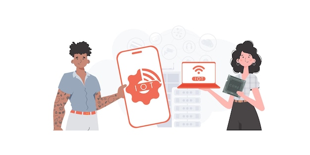 IoT concept A man and a woman are a team in the field of the Internet of things Good for presentations and websites Vector illustration in flat style