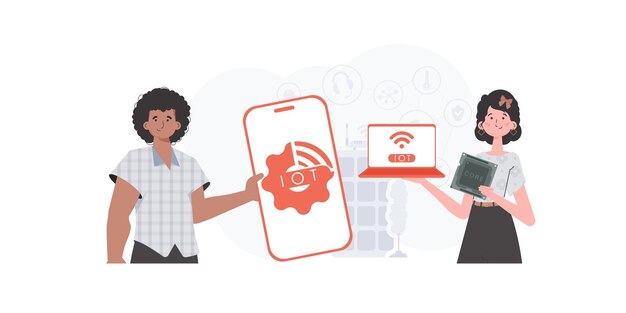 IoT concept A man and a woman are a team in the field of the Internet of things Good for presentations and websites Vector illustration in trendy flat style