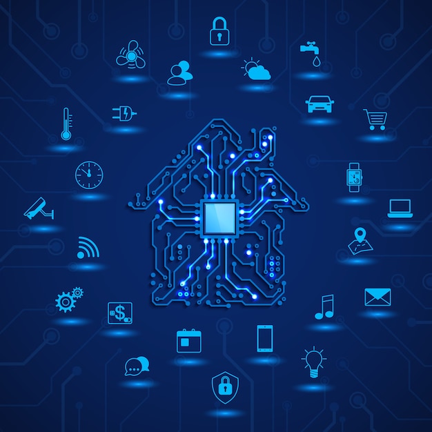 벡터 iot 개념 원격 모니터링 및 제어 스마트 하우스 하우스 회로 및 스마트 홈 기능