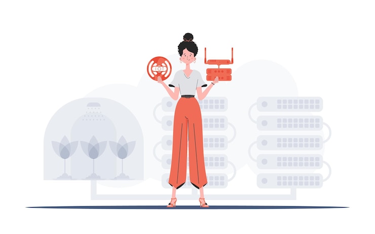Vector iot concept a woman holds the internet of things logo in her hands router and server good for websites and presentations vector illustration in flat style