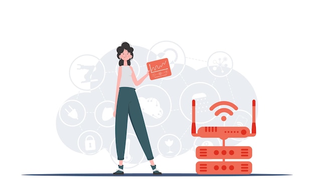 IoT concept A woman holds a panel with analyzers and indicators in her hands Good for websites and presentations Vector illustration in flat style