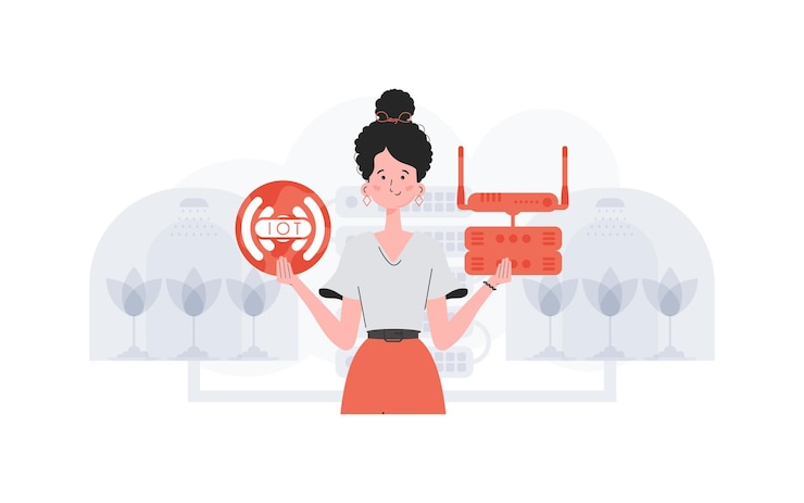 Vector iot 개념 한 여성이 그녀의 손에 인터넷 아이콘을 들고 있습니다 라우터와 서버 프리젠테이션 및 웹 사이트에 적합 트렌디한 플랫 스타일의 벡터 그림