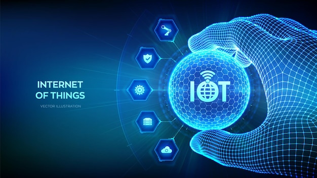IOT Internet of Things 로고 와이어프레임 손에 육각형 패턴이 있는 구 모양의 모든 연결 장치 개념 네트워크 및 인터넷 벡터 일러스트와 함께 비즈니스