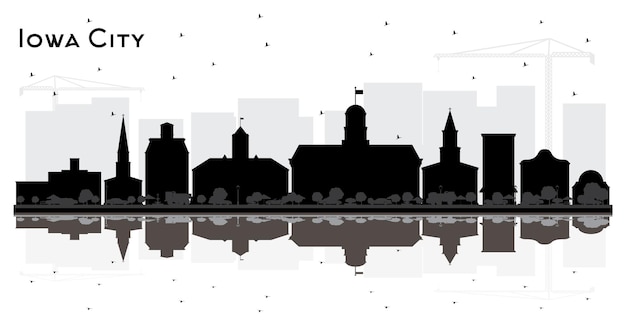 Iowa city skyline silhouette with black buildings and reflections isolated on white. vector illustration. business travel and tourism concept. iowa city cityscape with landmarks.