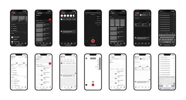 아이폰 앱 화면 유튜브 애플리케이션 홈 추천 인기 조회 유튜브 탭 어둡고 밝은 테마 편집 벡터 일러스트