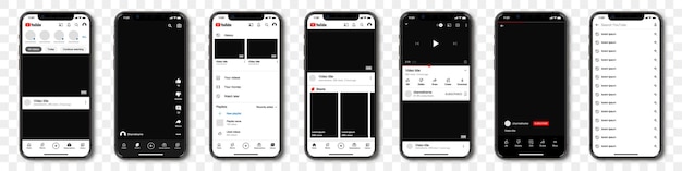 画面youtubeインターフェイステンプレートでyoutubeアプリのモックアップを備えたiphone